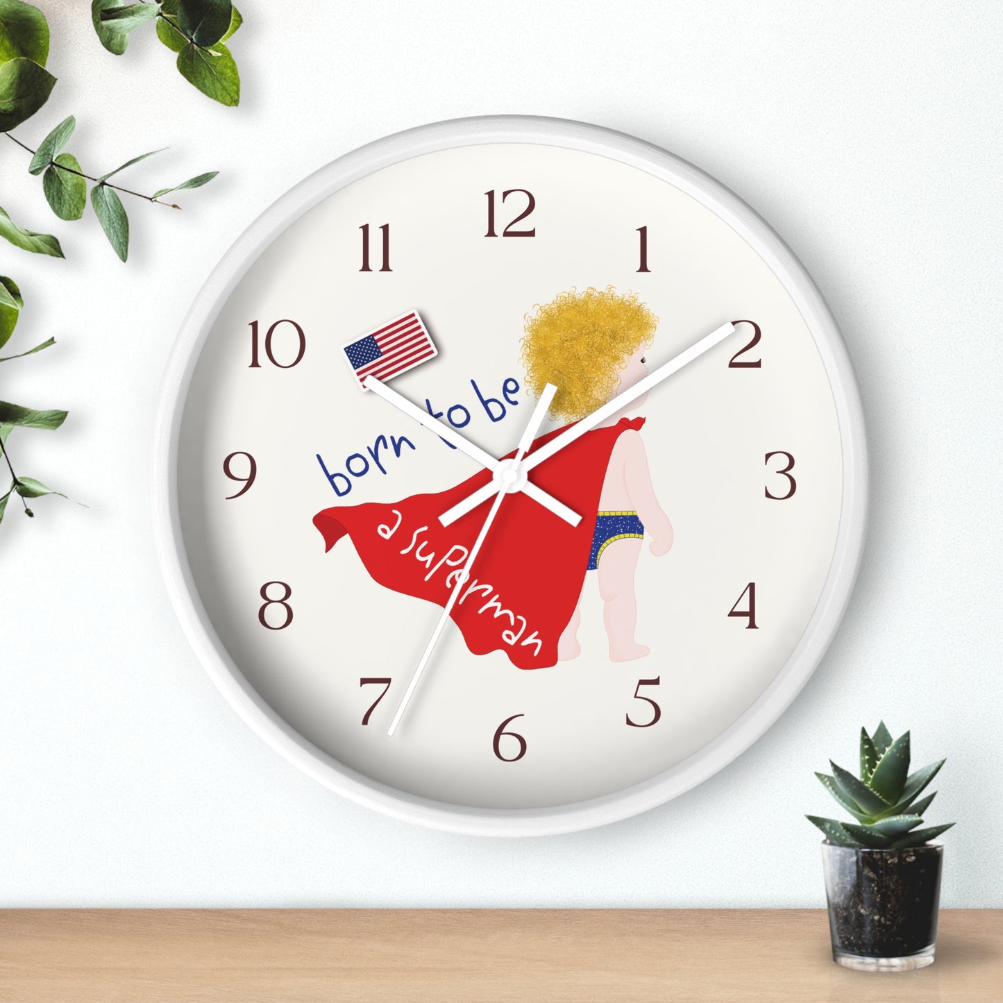 Funny Baby Wooden Wall Clock - Superman Baby (Blonde)