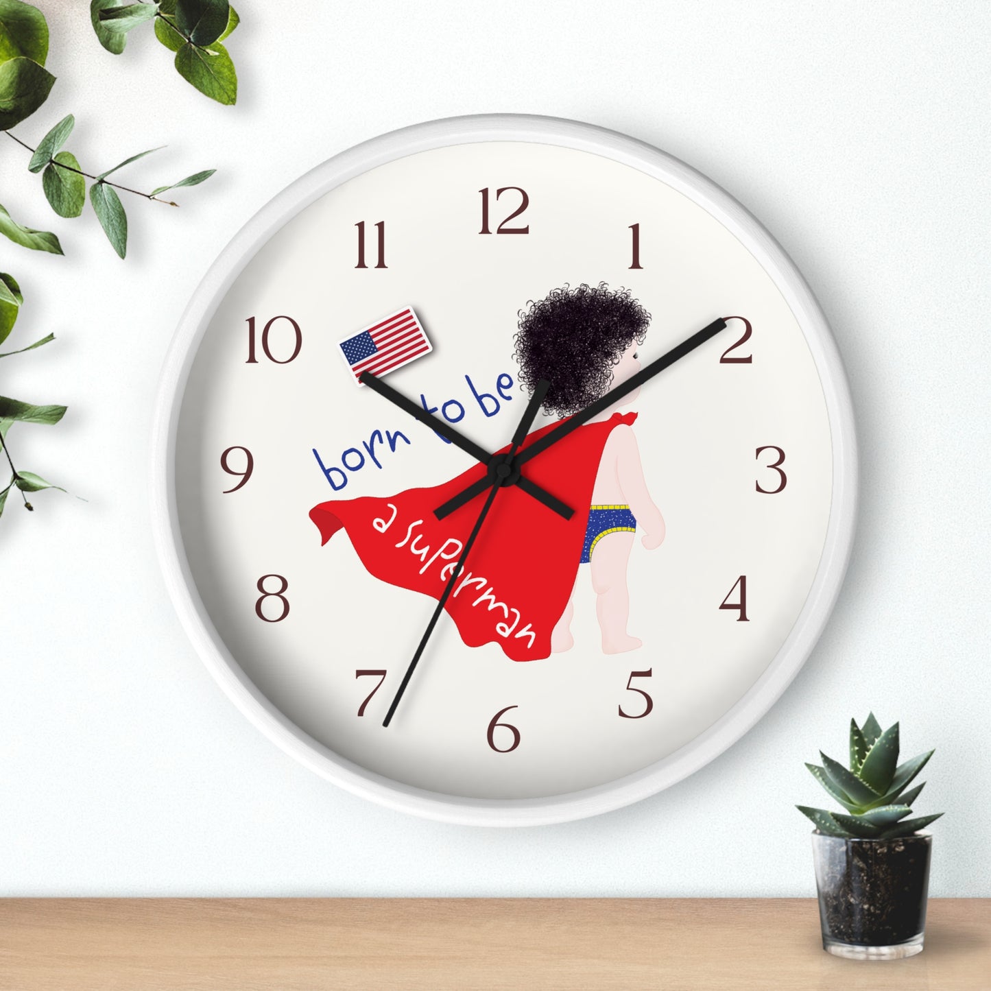Funny Baby Wooden Wall Clock - Superman Baby (Dark-Haired)