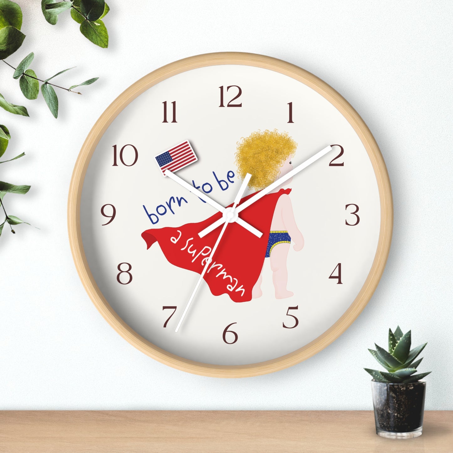 Funny Baby Wooden Wall Clock - Superman Baby (Blonde)