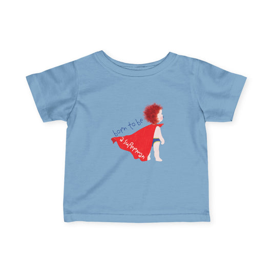 Funny Baby Boy Tee – Light Blue Cape-Themed Redhead Superhero Shirt | Hilarious Gift for Tiny Heroes