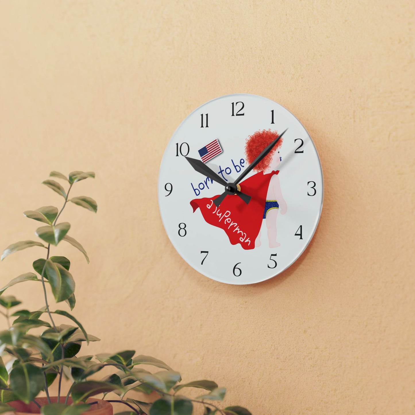 Funny Baby Acrylic Wall Clock – Superman Baby (Redhead)