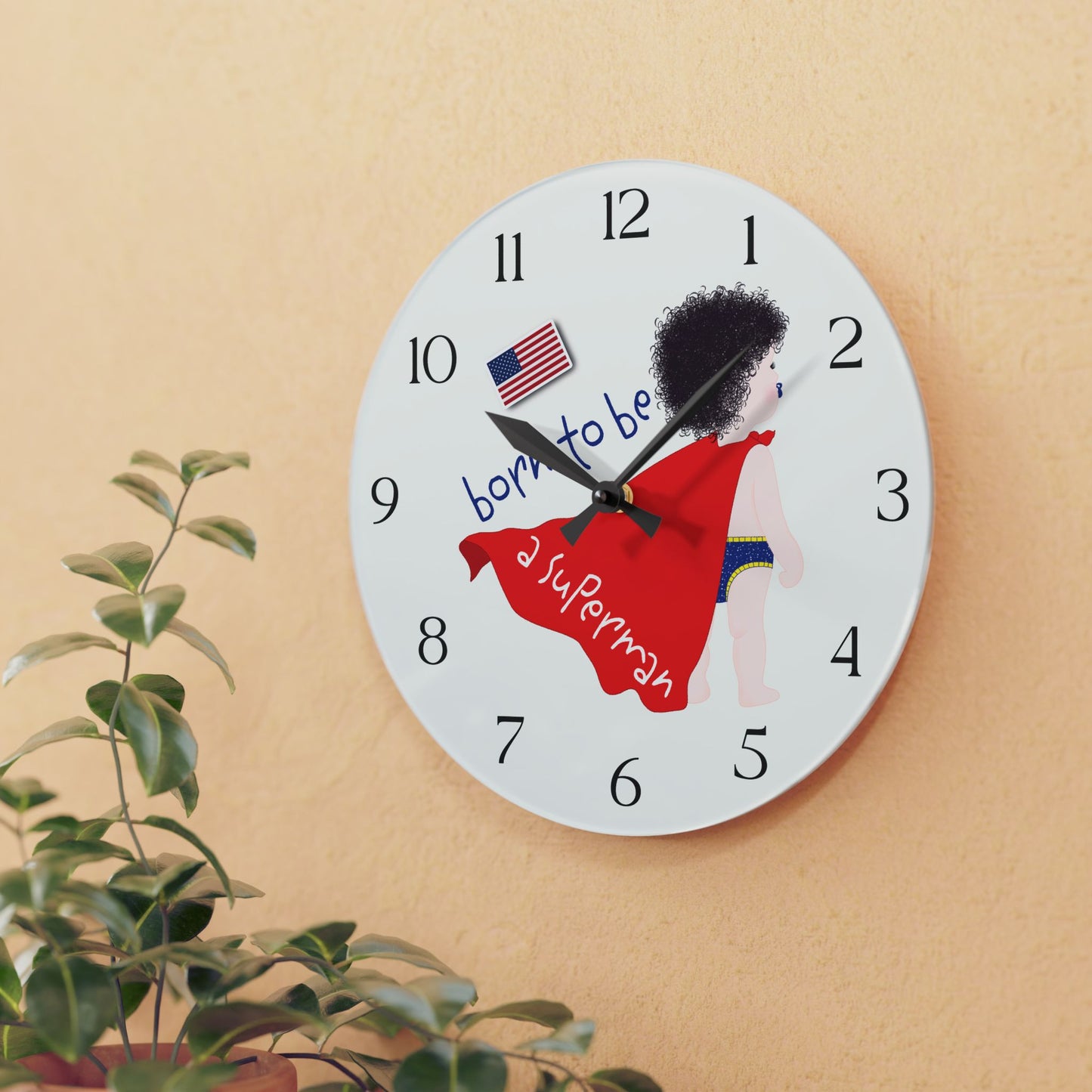 Funny Baby Acrylic Wall Clock – Superman Baby (Dark-Haired)