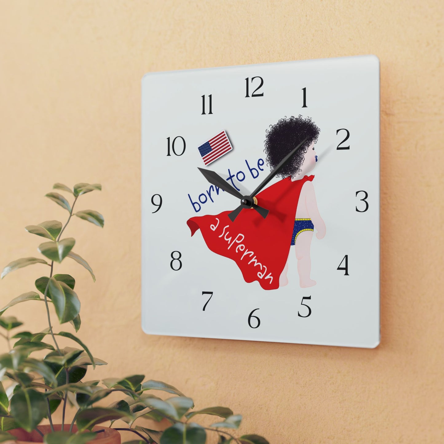 Funny Baby Acrylic Wall Clock – Superman Baby (Dark-Haired)