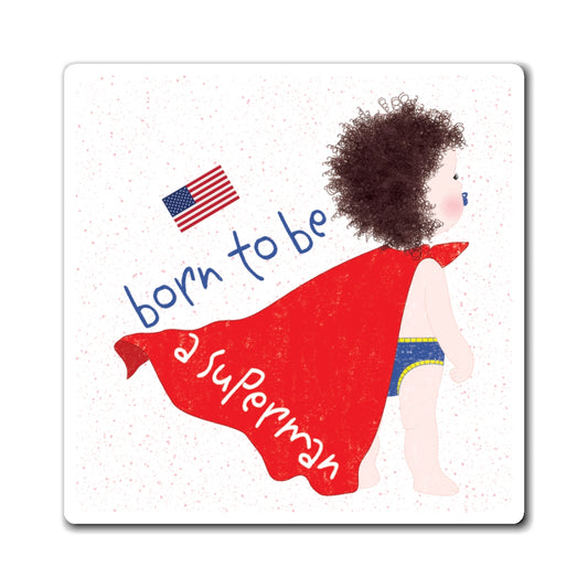 Funny Curly-Haired Baby Fridge Magnet – Born to Be a Superman | Superhero Baby Shower Gift USA