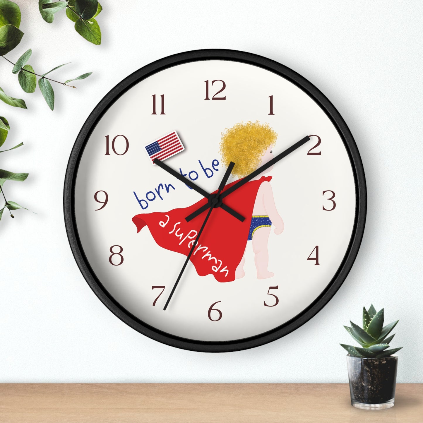 Funny Baby Wooden Wall Clock - Superman Baby (Blonde)