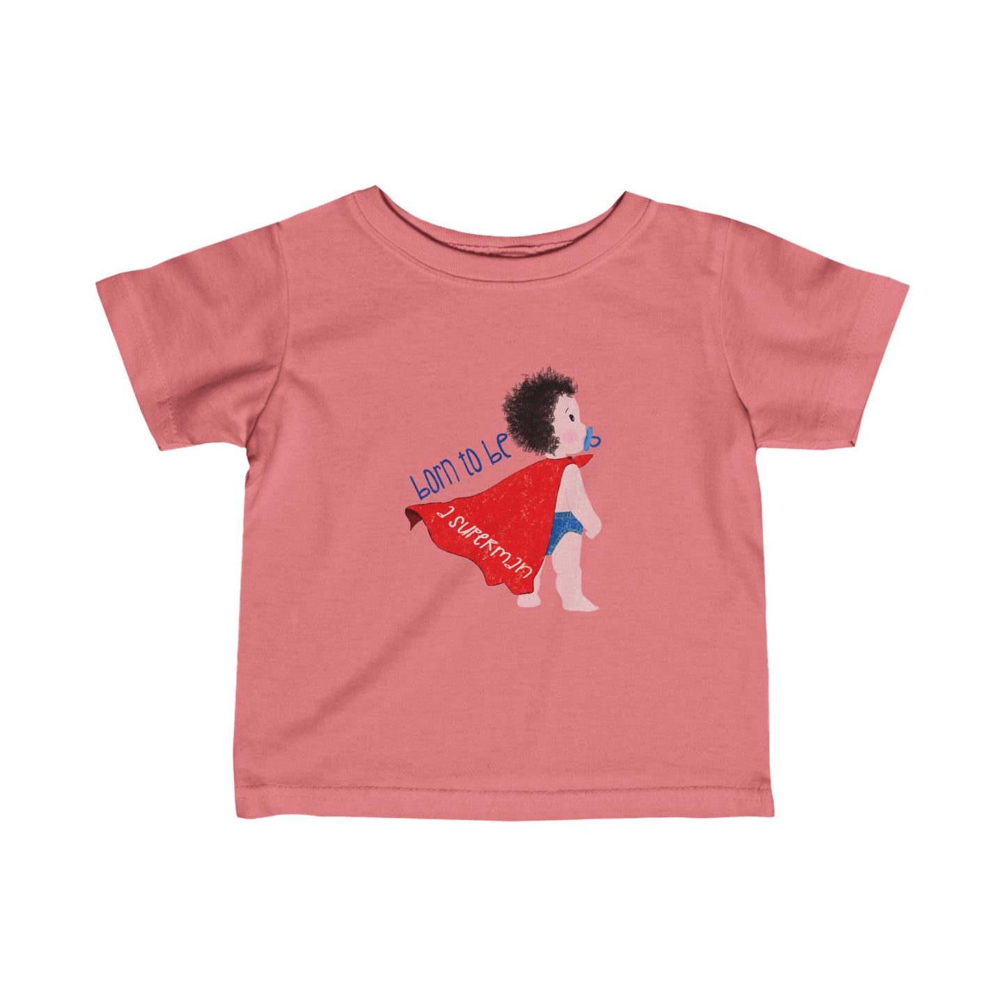 Playful infant tshirt featuring a cartoon baby with a pacifier, wearing a red cape, with the text 'Born to be a superman’, color: light red, free shipping, USA, kidlic