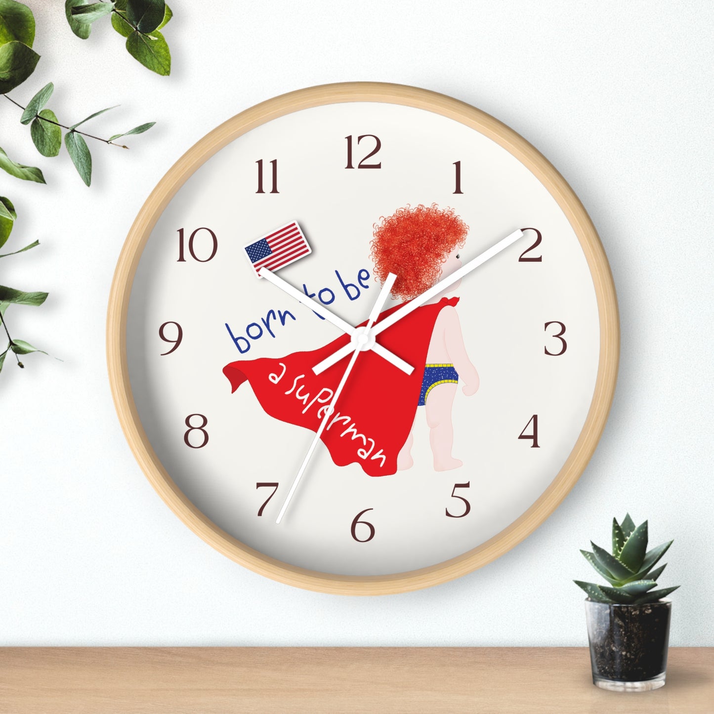 Funny Baby Wooden Wall Clock - Superman Baby (Redhead)