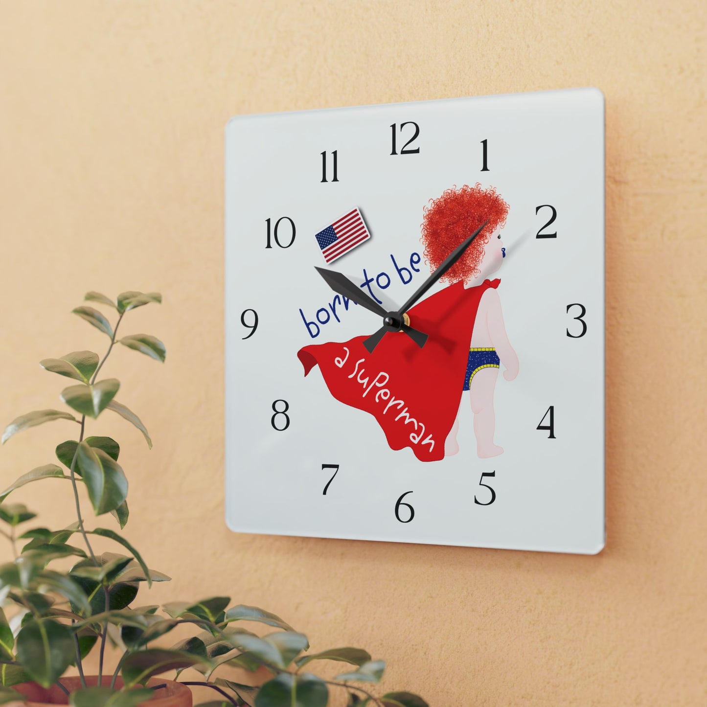 Funny Baby Acrylic Wall Clock – Superman Baby (Redhead)