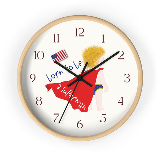 Funny Baby Wooden Wall Clock - Superman Baby (Blonde)