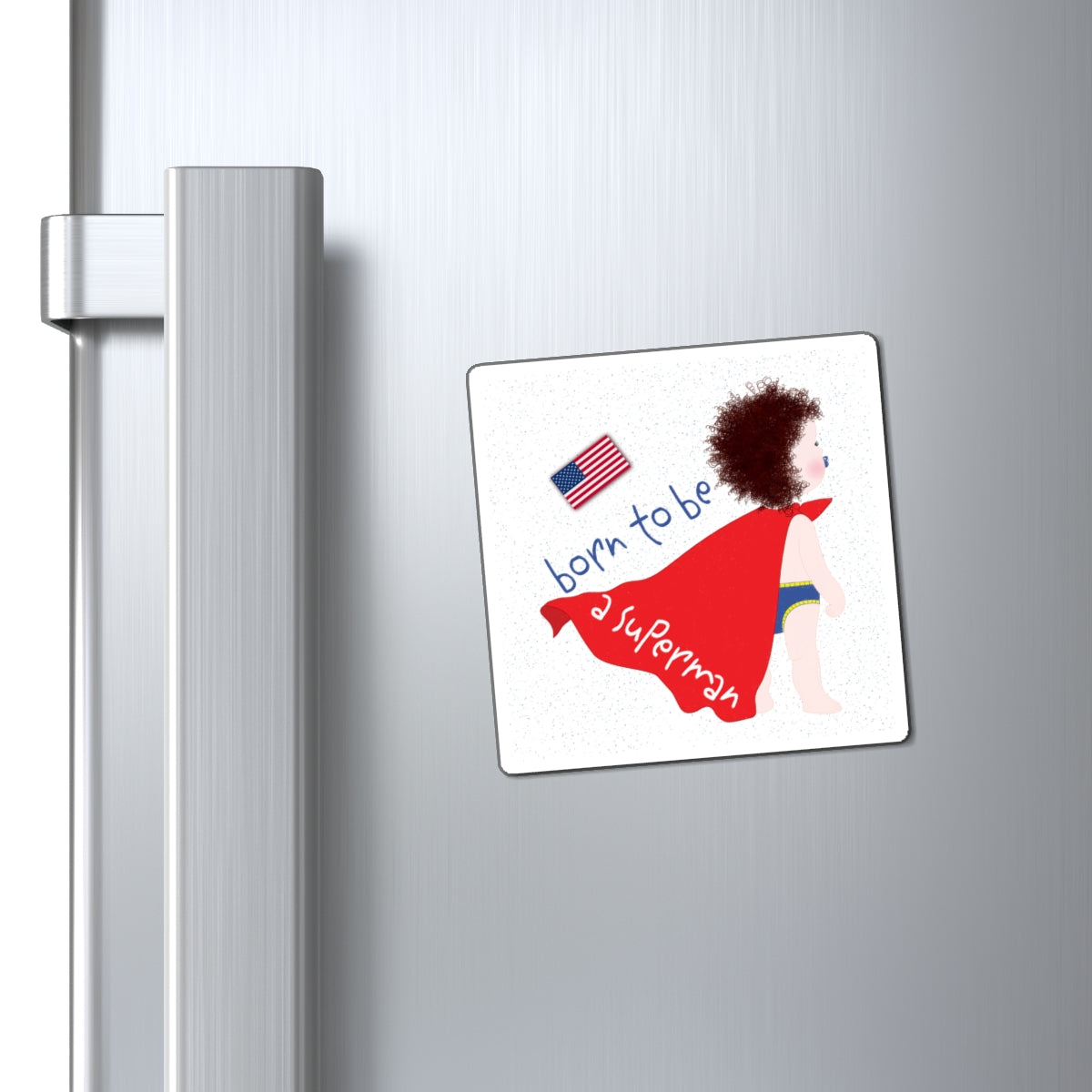 Fridge magnet with a child in a superhero costume and American flag on a metallic refrigerator.
