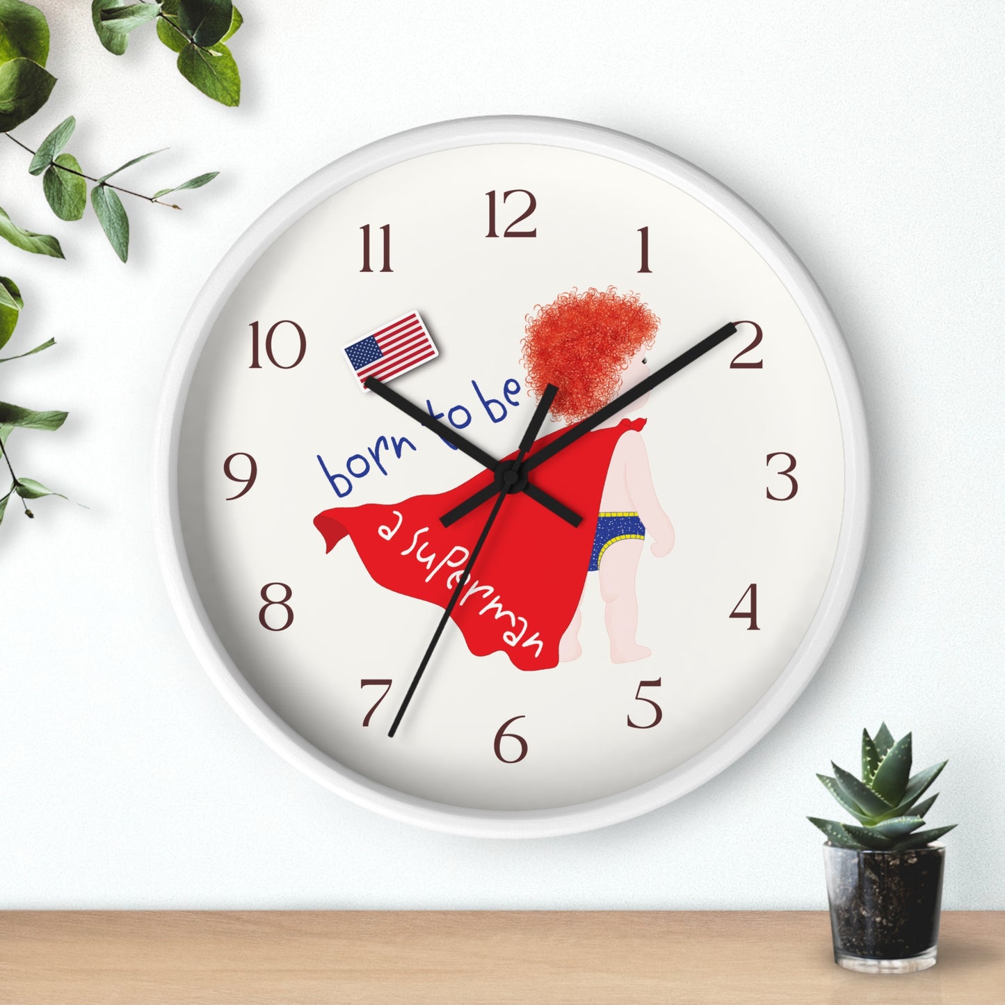 Funny Baby Wooden Wall Clock - Superman Baby (Redhead)