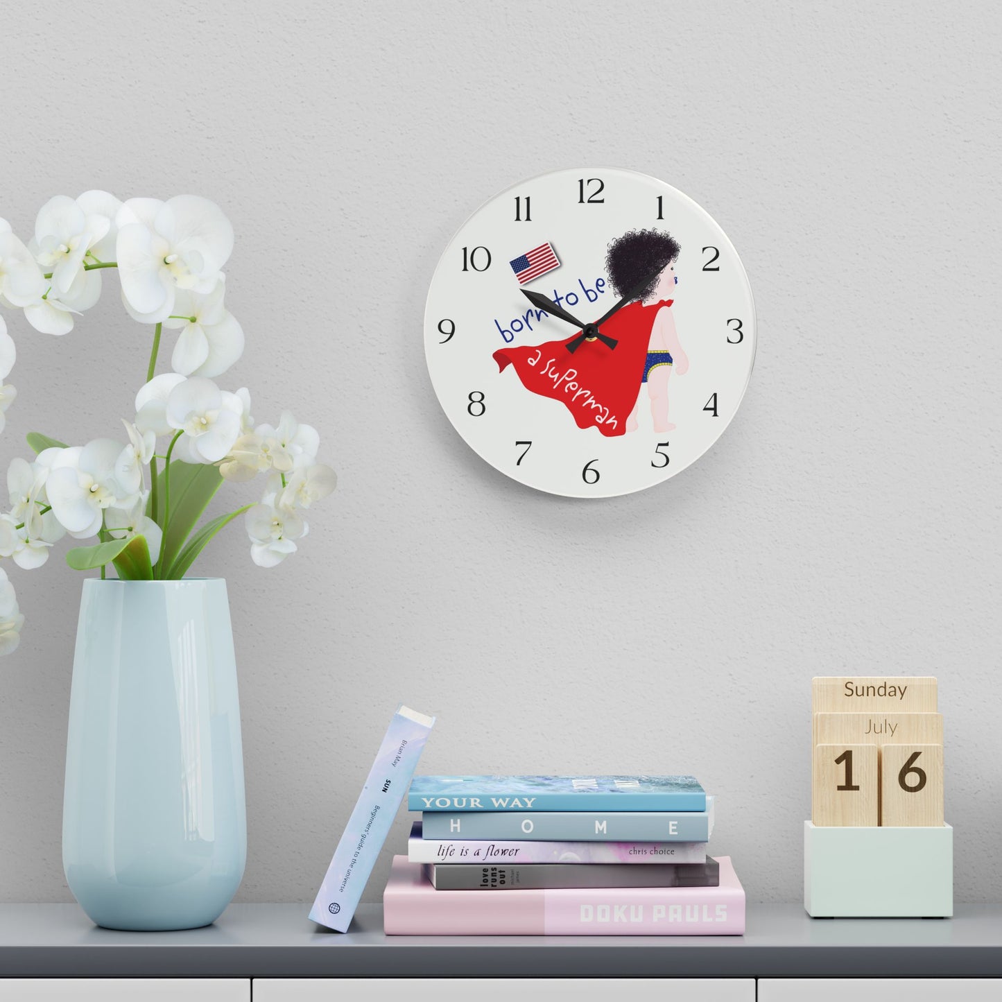 Funny Baby Acrylic Wall Clock – Superman Baby (Dark-Haired)