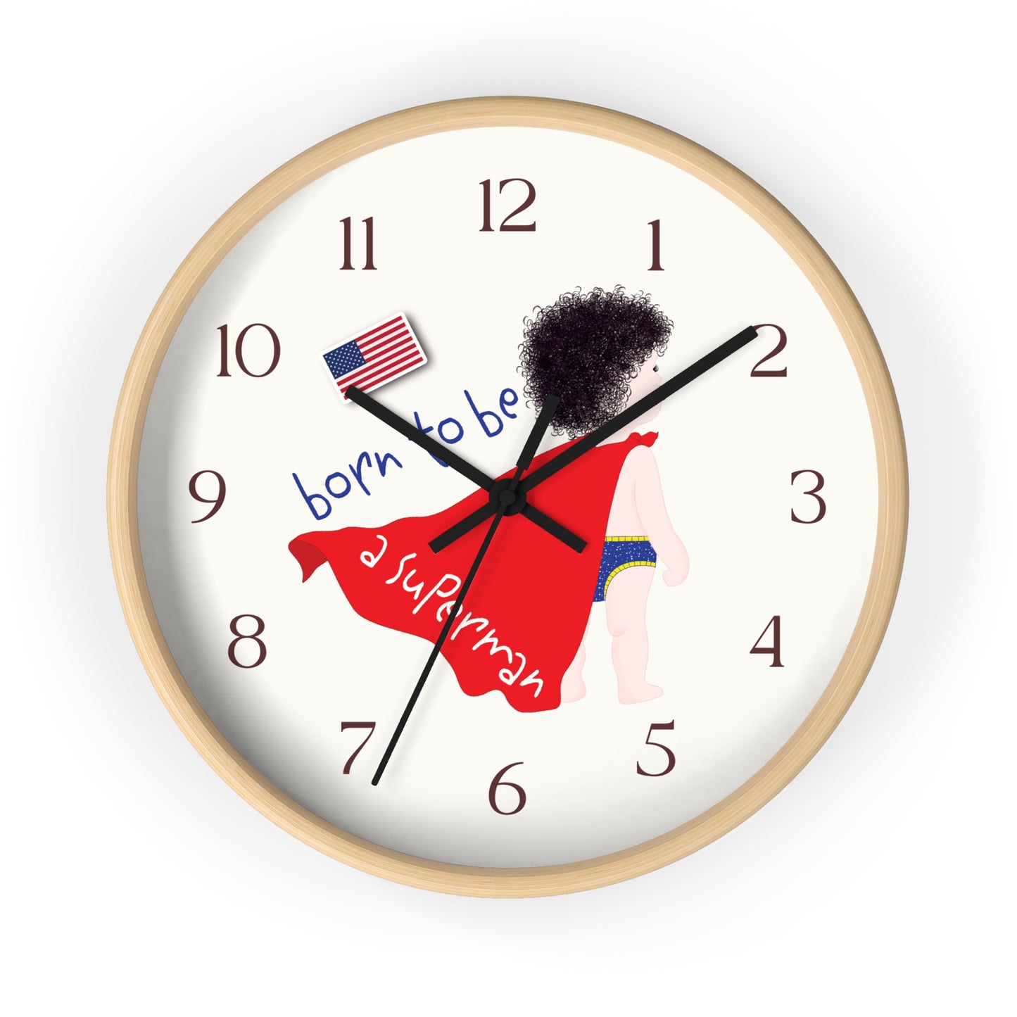 Funny Baby Wooden Wall Clock - Superman Baby (Dark-Haired)