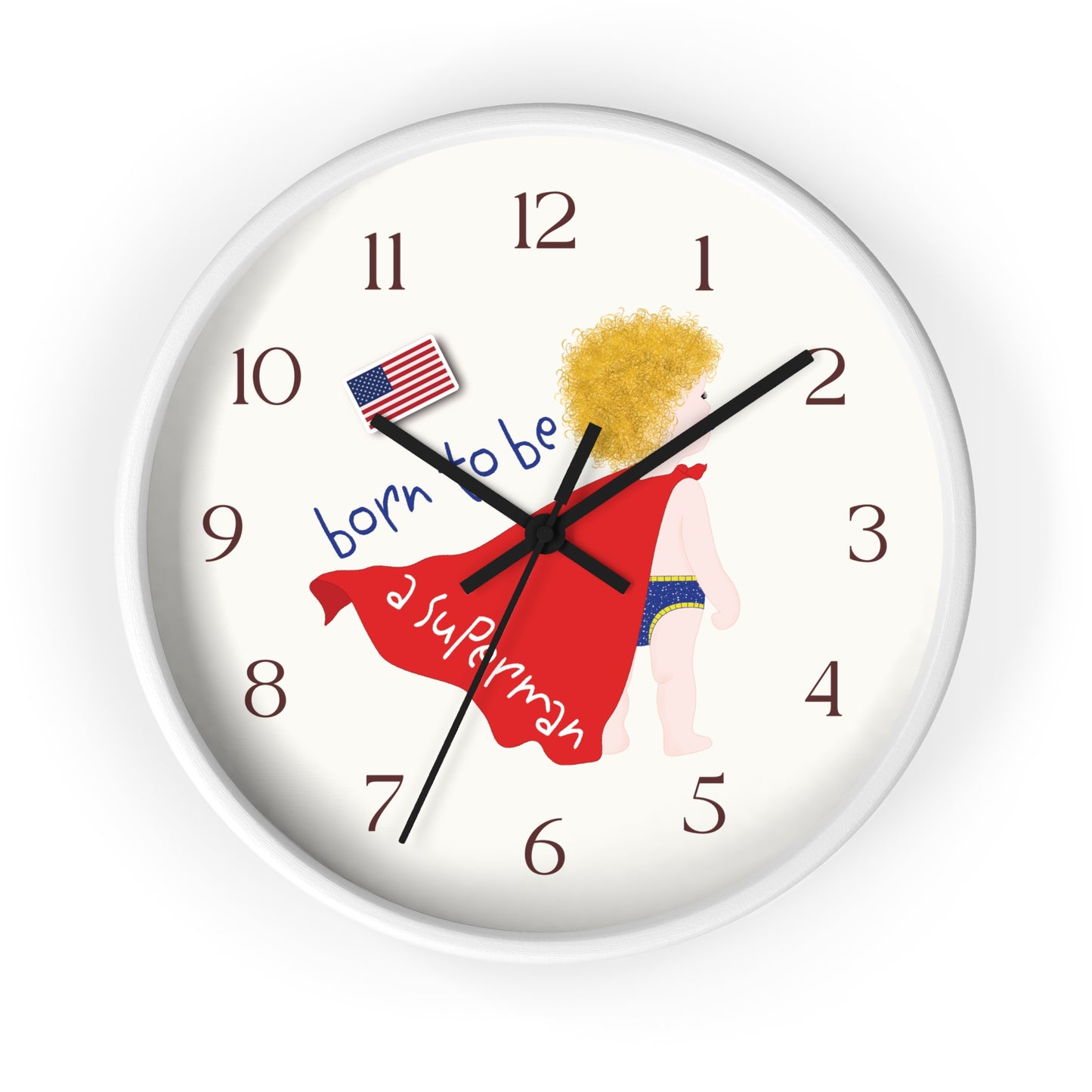 Funny Baby Wooden Wall Clock - Superman Baby (Blonde)
