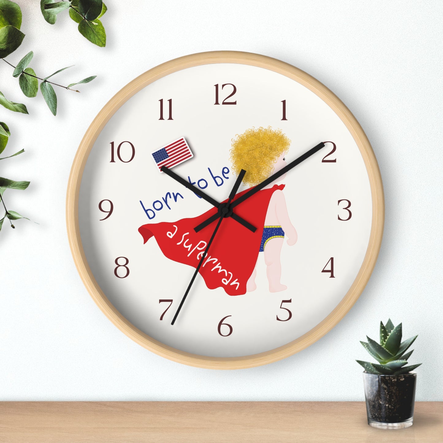Funny Baby Wooden Wall Clock - Superman Baby (Blonde)