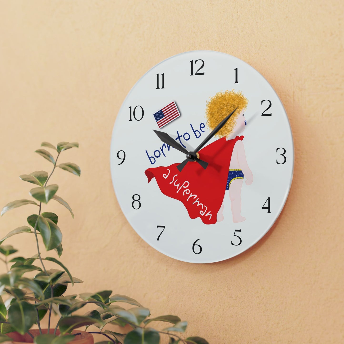 Funny Baby Acrylic Wall Clock - Superman Baby (Blonde)