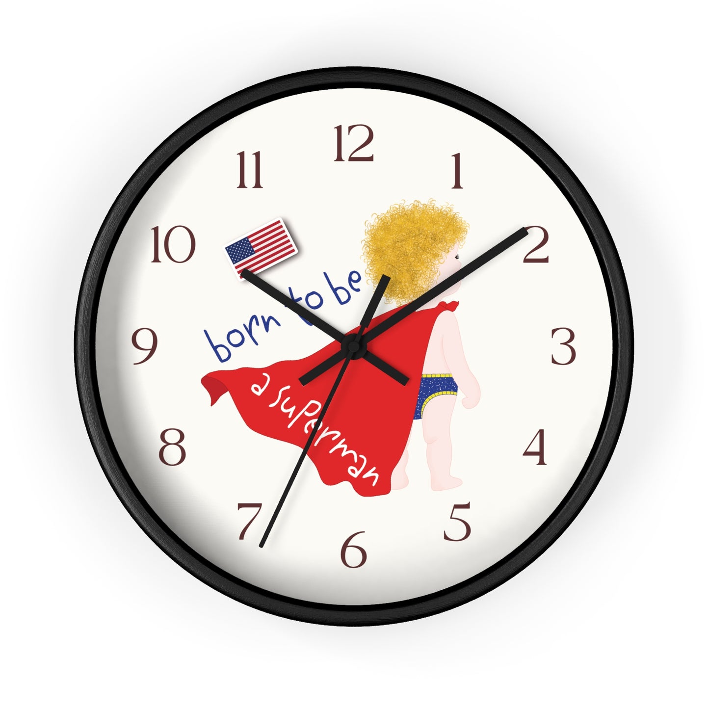 Funny Baby Wooden Wall Clock - Superman Baby (Blonde)