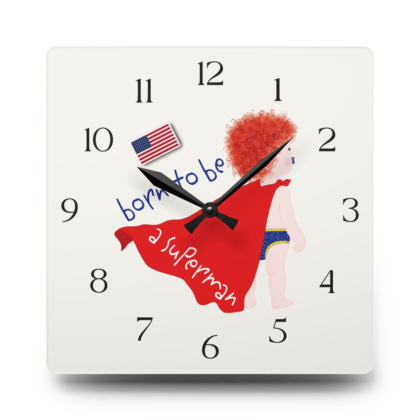 Funny Baby Acrylic Wall Clock – Superman Baby (Redhead)