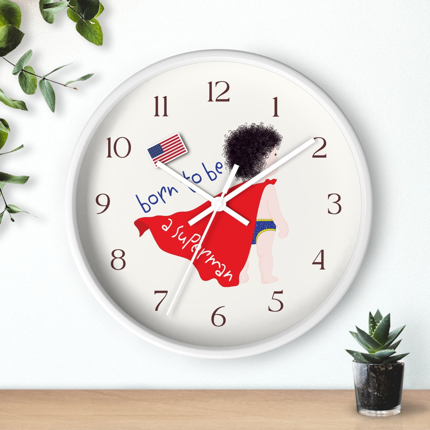 Funny Baby Wooden Wall Clock - Superman Baby (Dark-Haired)
