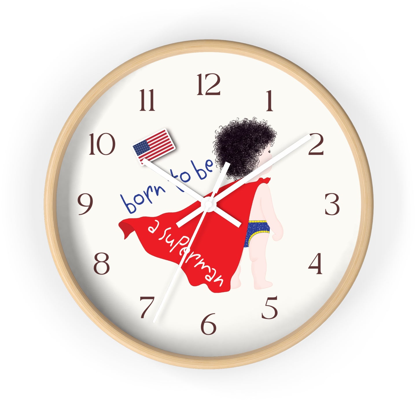Funny Baby Wooden Wall Clock - Superman Baby (Dark-Haired)