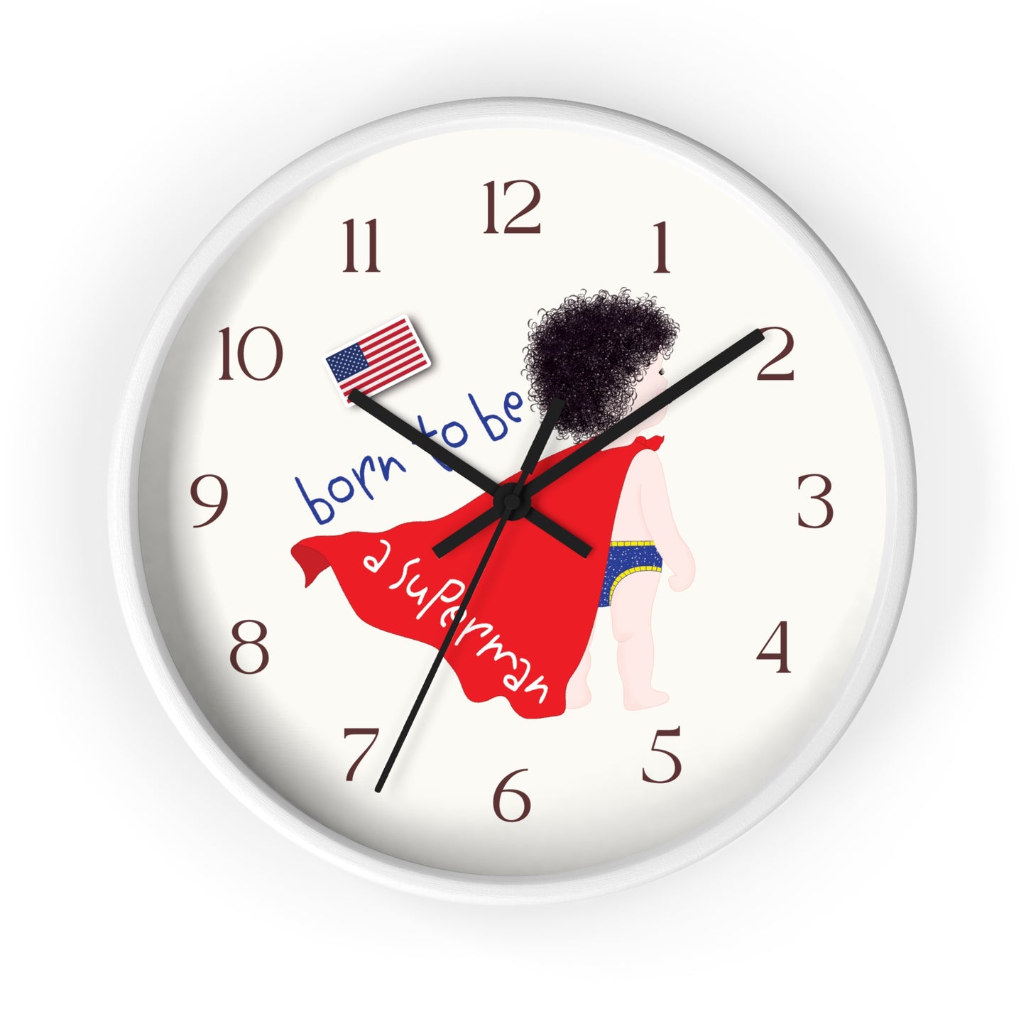 Funny Baby Wooden Wall Clock - Superman Baby (Dark-Haired)