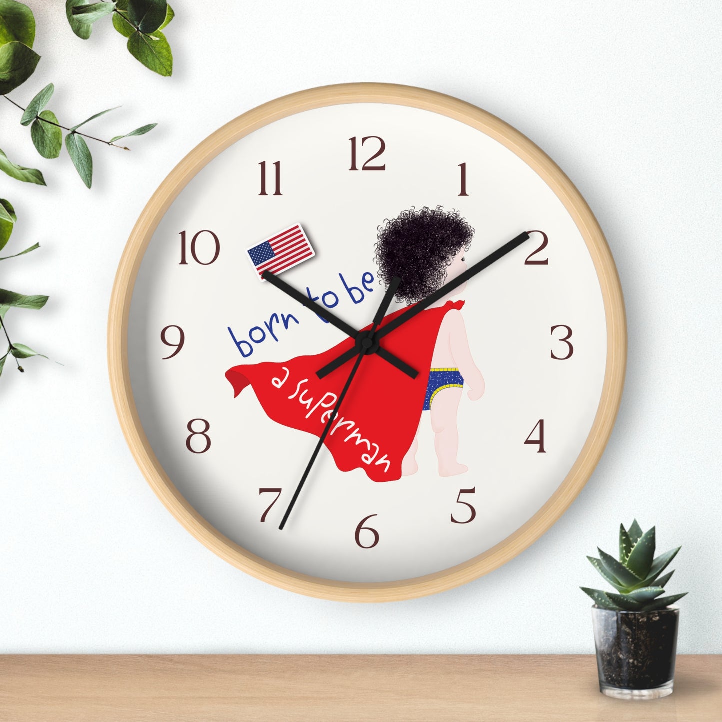 Funny Baby Wooden Wall Clock - Superman Baby (Dark-Haired)