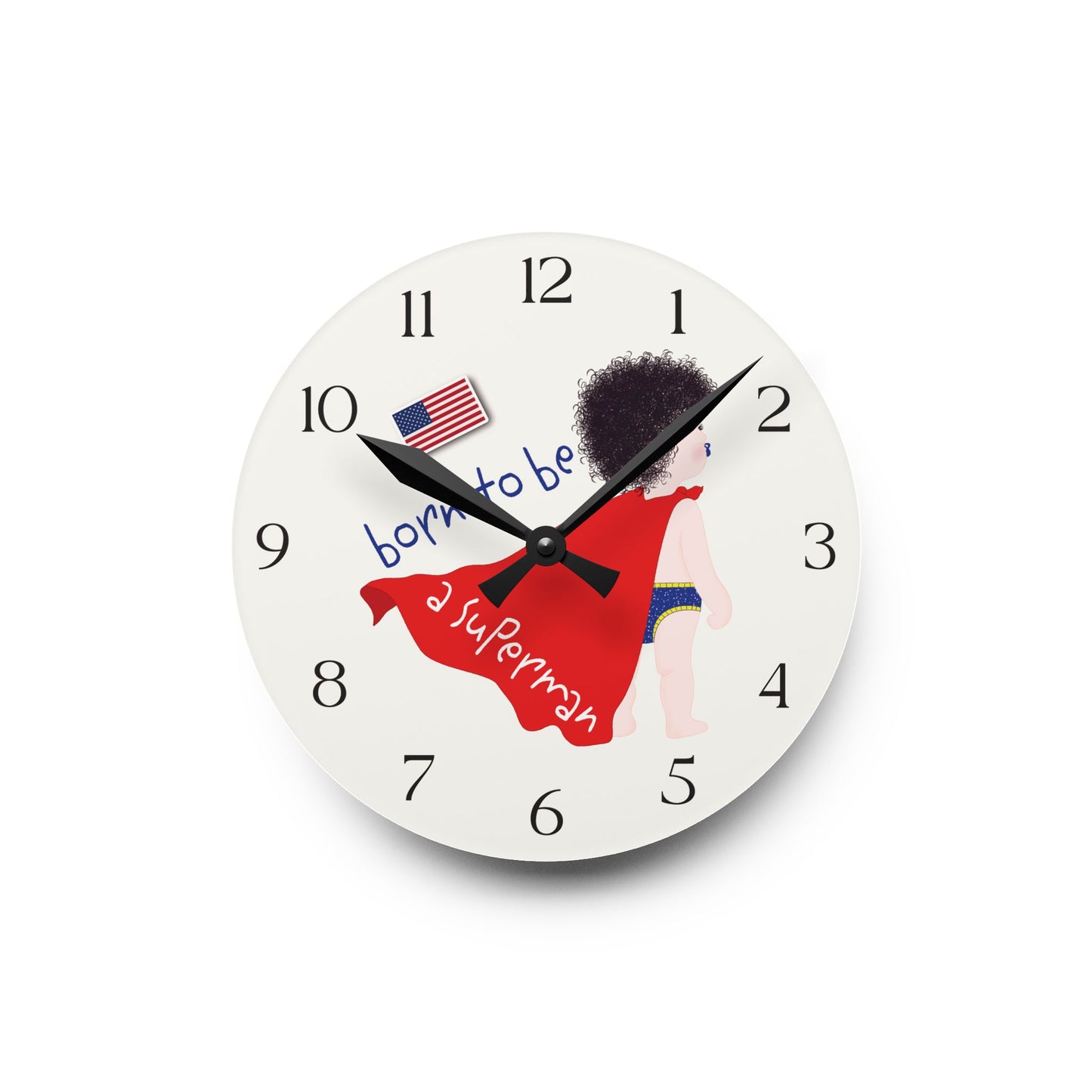 Funny Baby Acrylic Wall Clock – Superman Baby (Dark-Haired)
