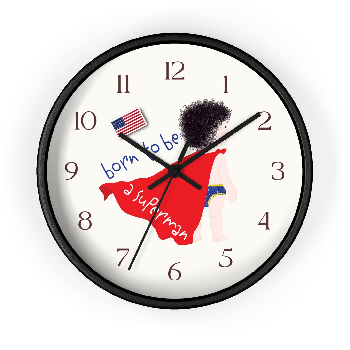 Funny Baby Wooden Wall Clock - Superman Baby (Dark-Haired)