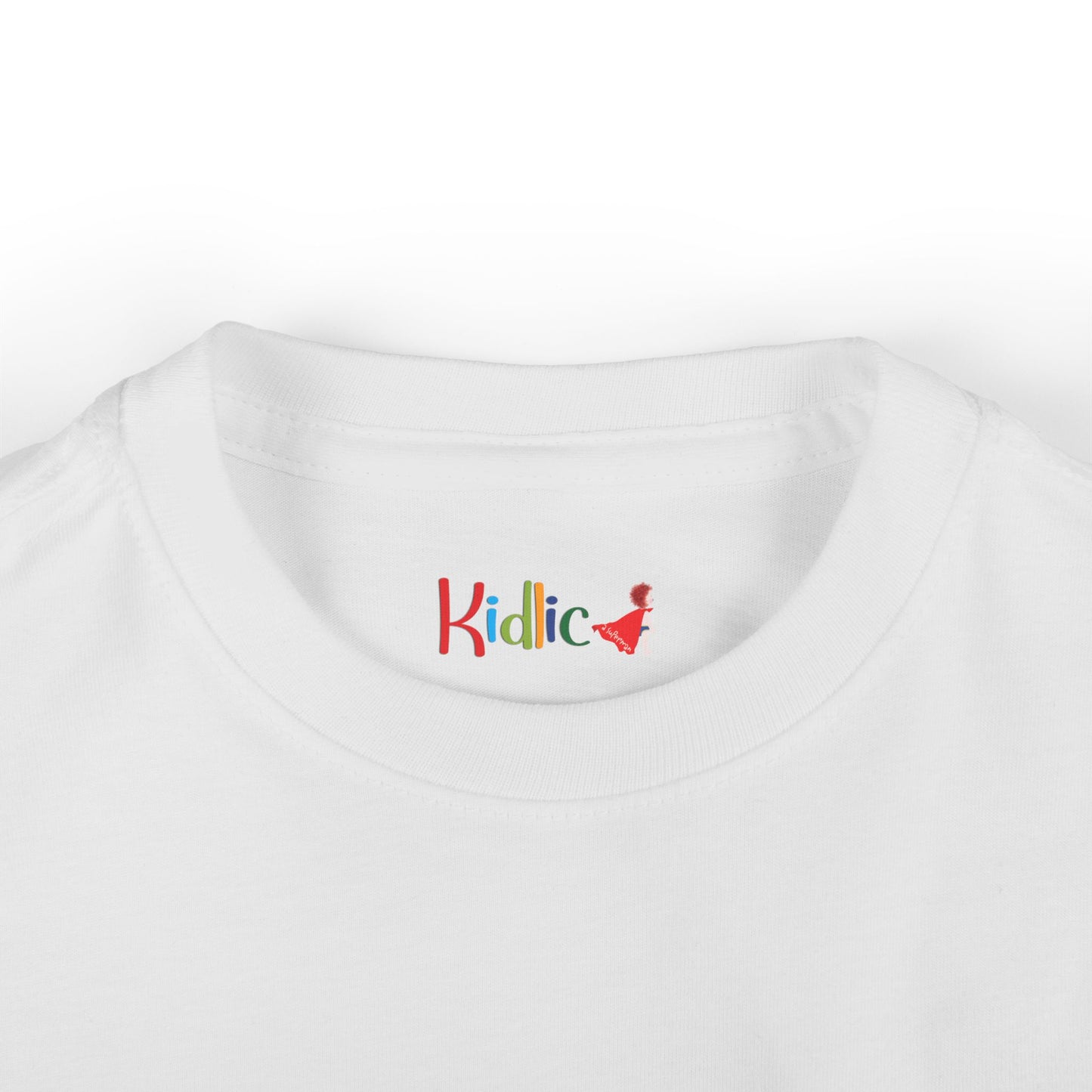 White t-shirt with 'Kidlic' logo on a white background