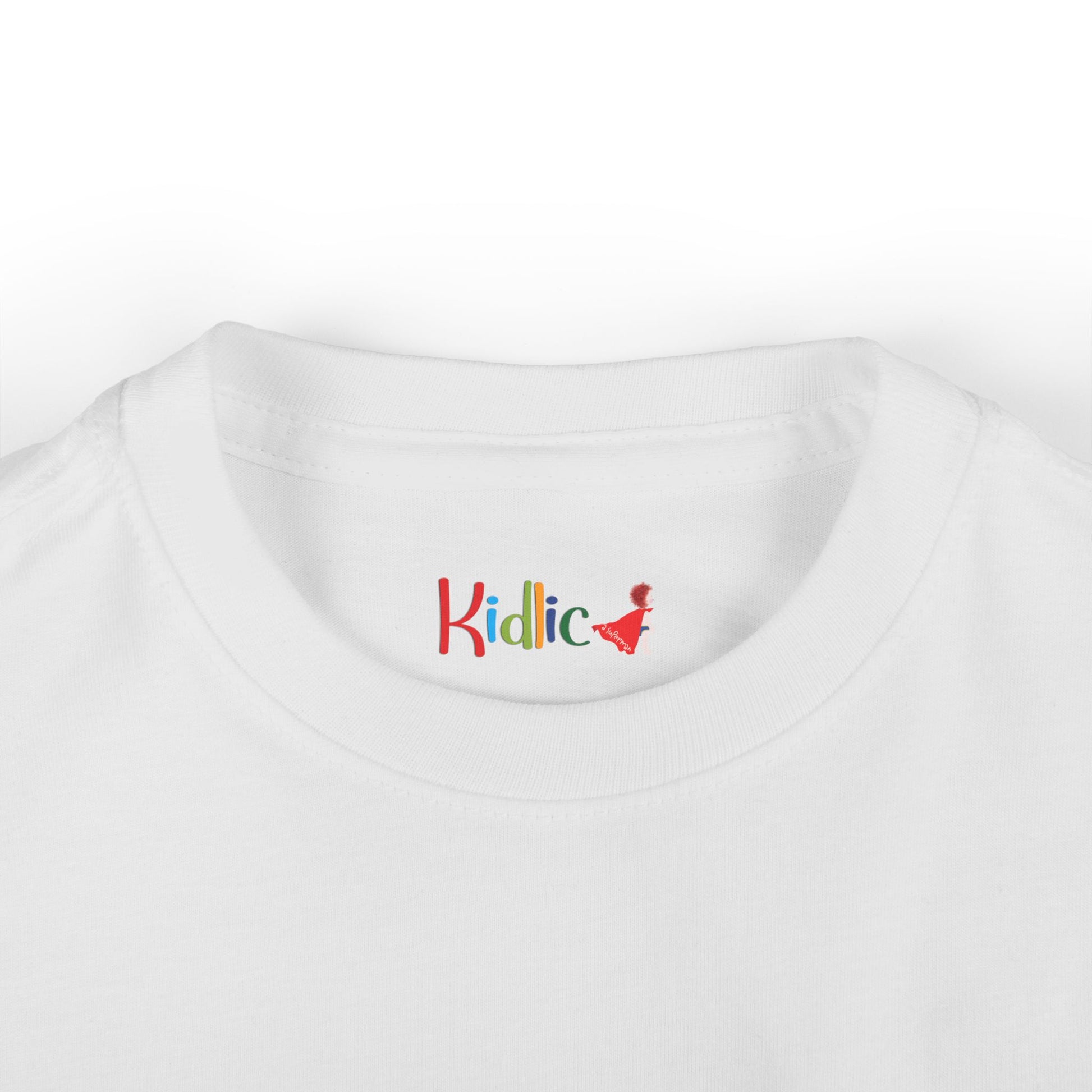 White t-shirt with 'Kidlic' logo on a white background