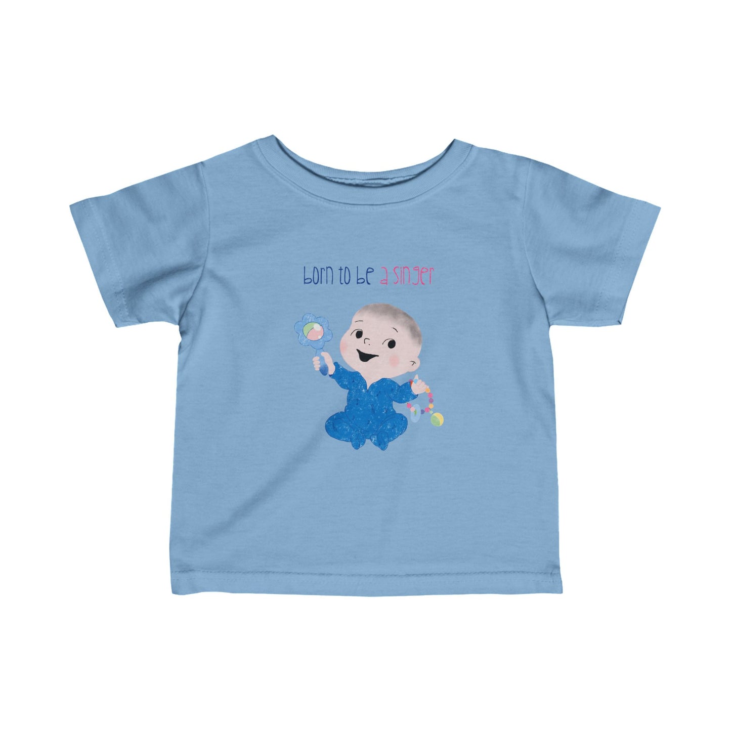 Cute funny nursery tee featuring a cartoon baby boy holding a rattle, with the text "Born to be a singer”, color: light blue, free shipping , USA, kidlic