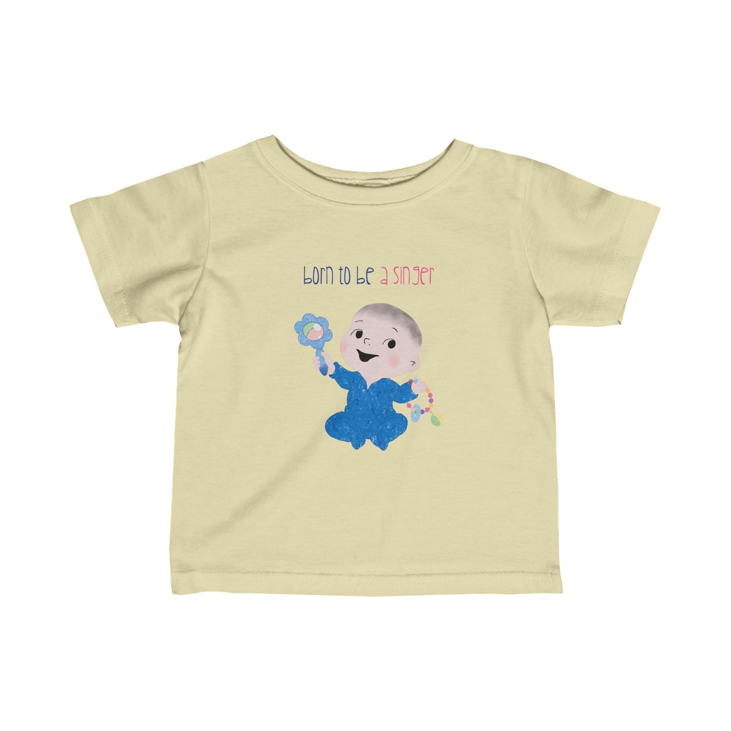 Playful infant tee shirt featuring a cartoon baby boy holding a rattle, with the text "Born to be a singer”, color: light yellow, free shipping, USA, kidlic 