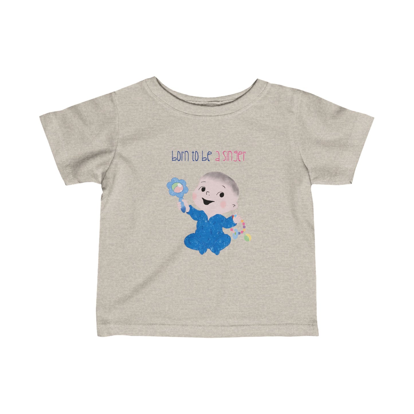 Playful preschool nursery tee shirt featuring a cartoon baby boy holding a rattle, with the text "Born to be a singer”, color: natural, free  shipping, USA, kidlic