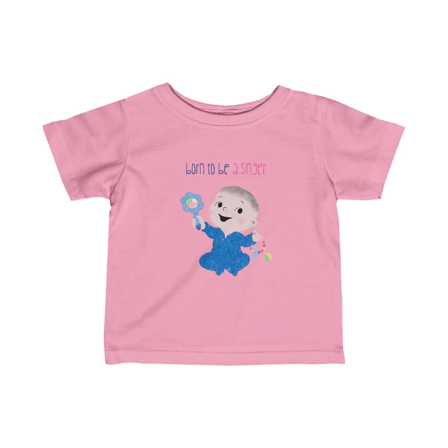 Cute playful nursery tee featuring a cartoon baby boy holding a rattle, with the text "Born to be a singer”, color: pink, free shipping, USA, kidlic 