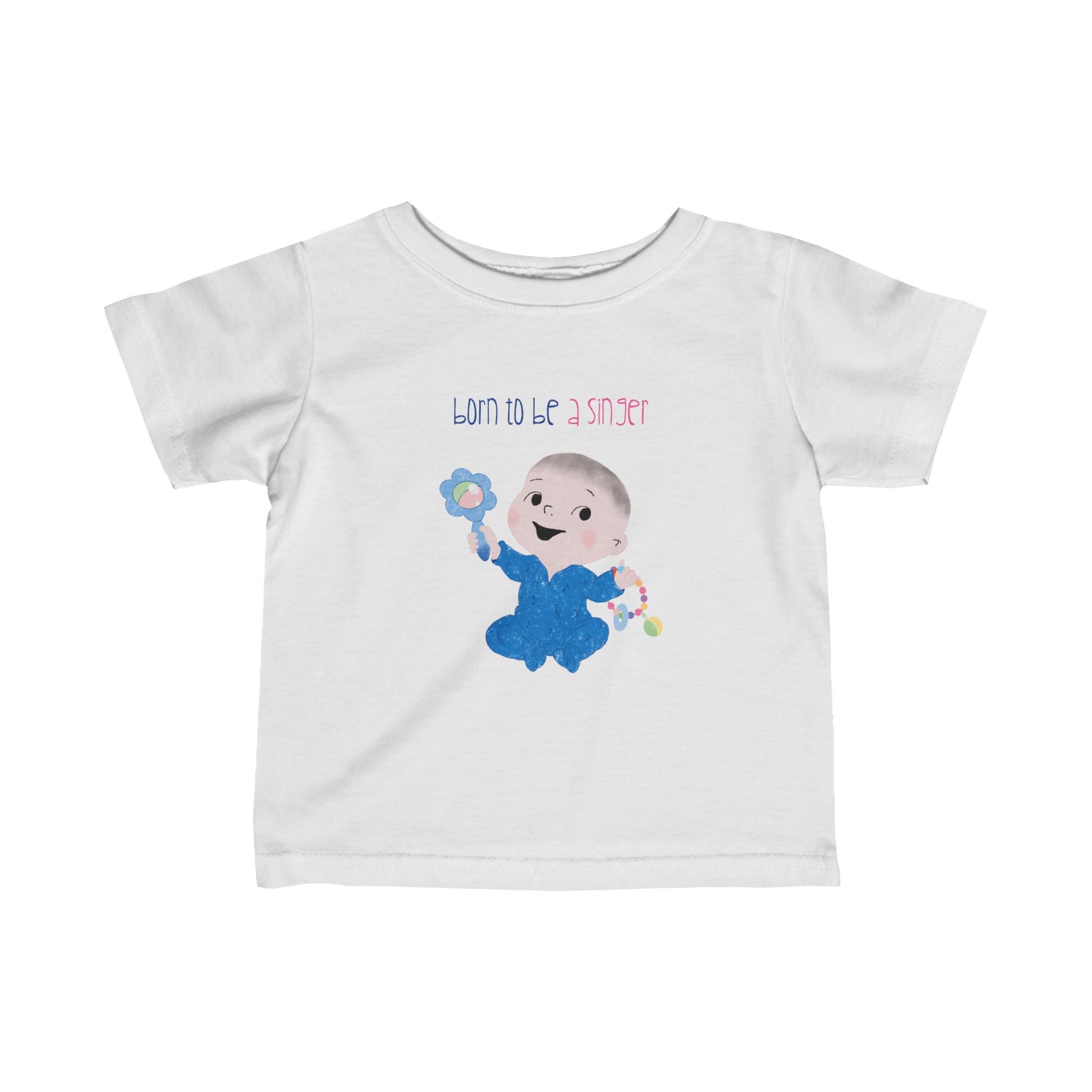 Funny infant tee featuring a cartoon baby boy holding a rattle, with the text "Born to be a singer”, color:white, free shipping , USA, kidlic