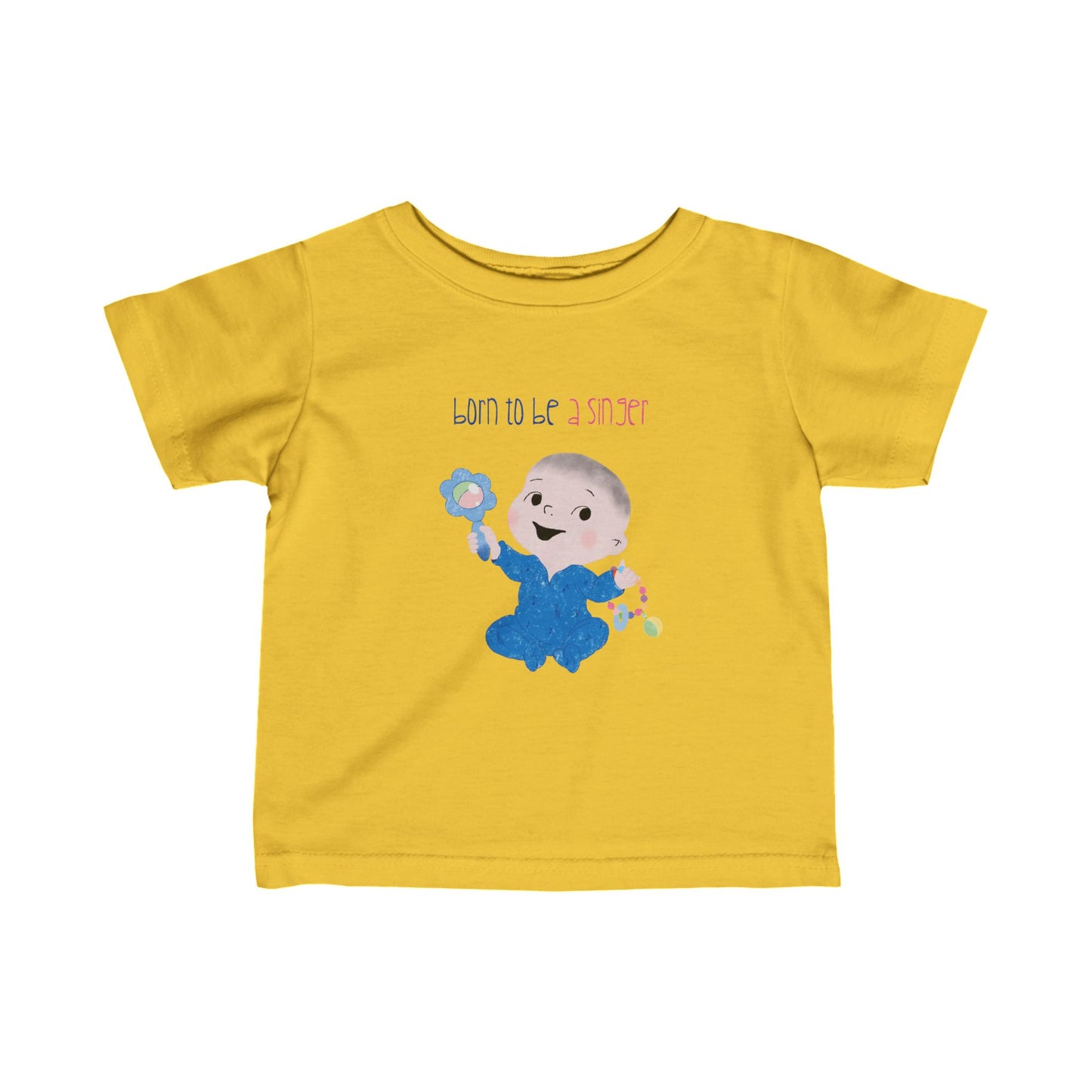 Humorous baby t-shirt featuring a cartoon baby boy holding a rattle, with the text "Born to be a singer”, color: yellow, free shipping ,USA, kidlic