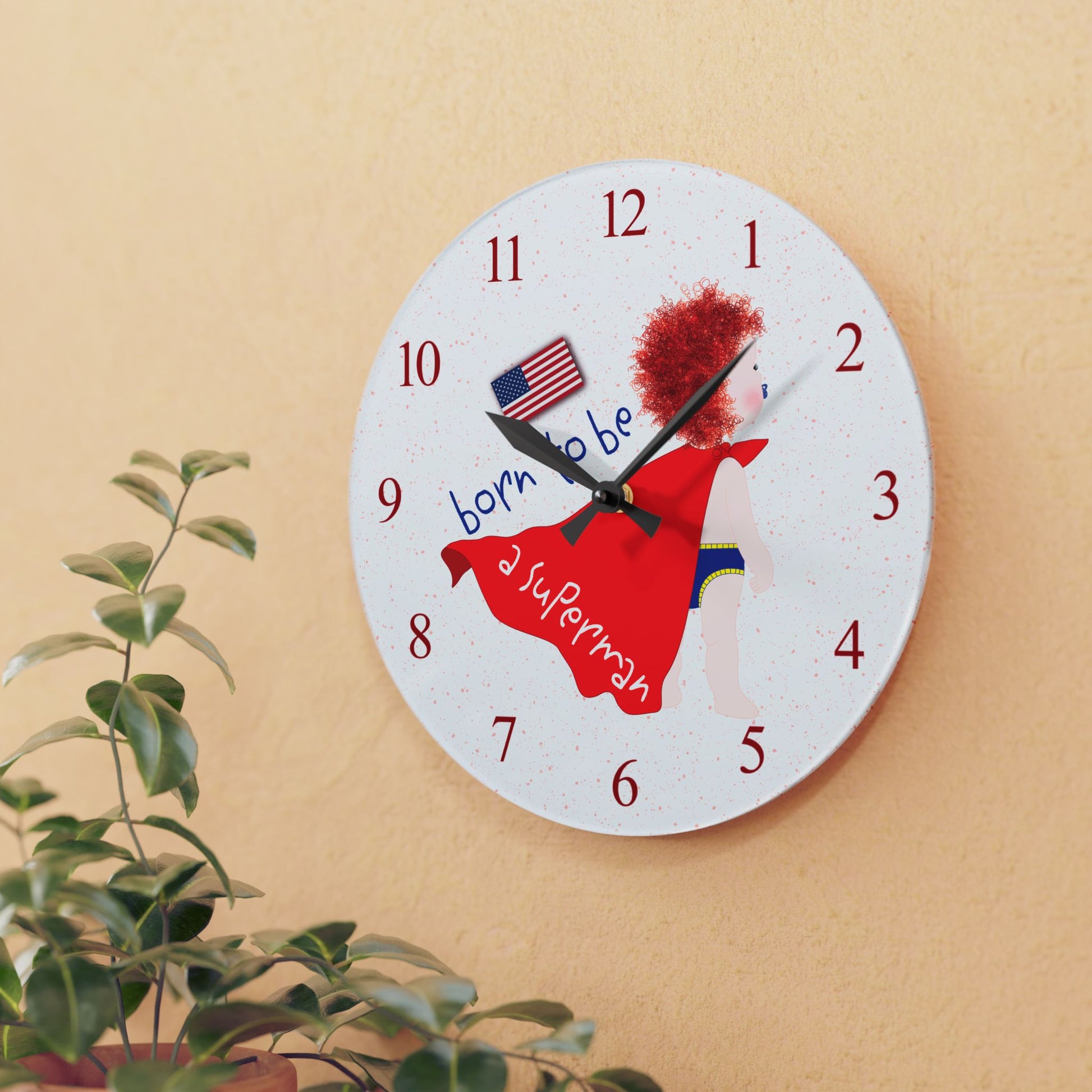 Heroic redhead baby wall clock – silent non-ticking superhero nursery decor from Kidlic, on a wall