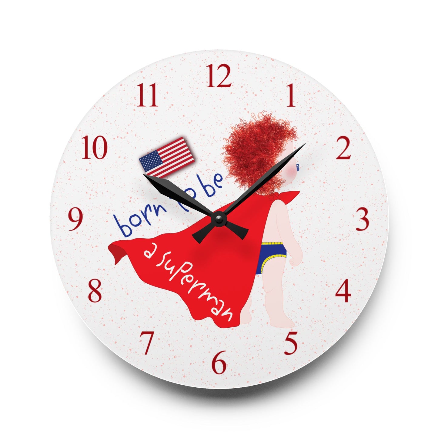 Cute redhead baby superhero wall clock – funny superhero nursery wall art for toddlers from Kidlic USA, size: 10x10 inch round