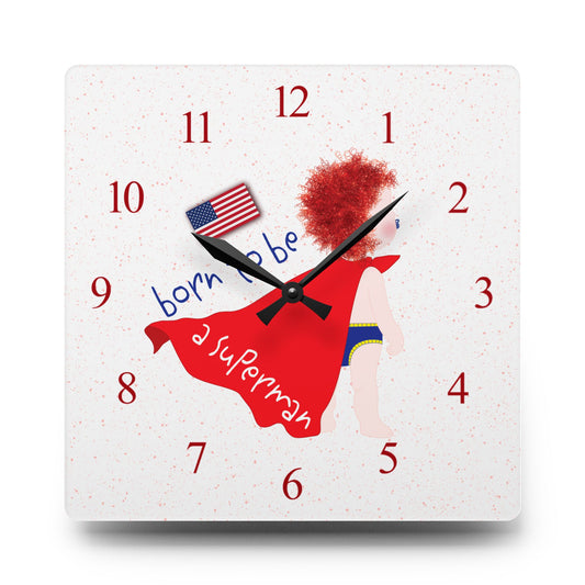 Superhero nursery decor clock with red-haired baby in cape – unique baby shower gift from Kidlic USA, size: 10x10 inch