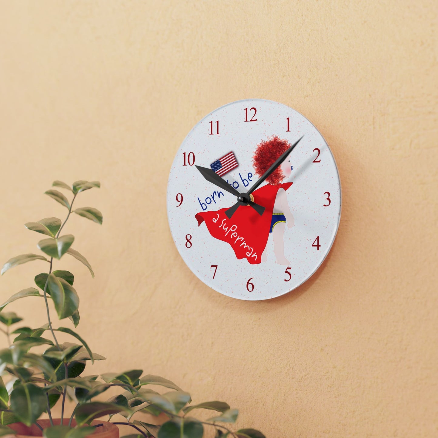 Born to Be a Superman acrylic wall clock – superhero baby gift for new parents from Kidlic USA