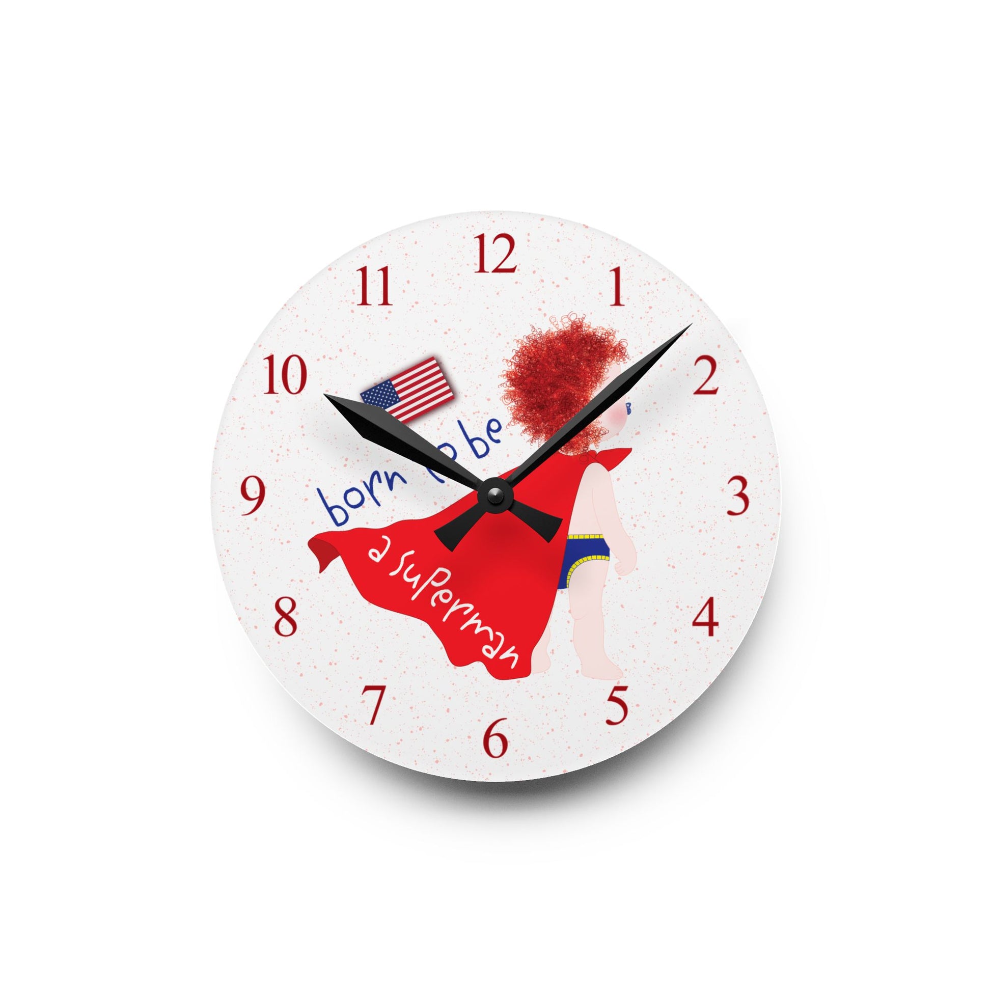 Funny redhead superhero baby wall clock for nursery – Born to Be a Superman design by Kidlic USA, size: round 8x8 inch