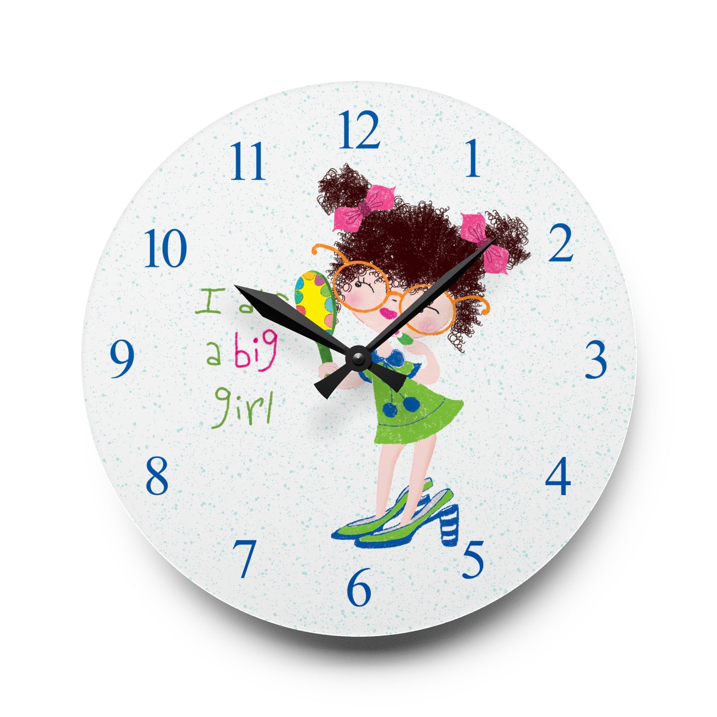 Humorous nursery acrylic wall clock featuring a cartoon girl with curly hair, oversized glasses, and a green dress, holding a mirror, with the text 'I am a big girl' alongside blue numbers on the clock face, size 10.75”x10.75” (round), kidlic