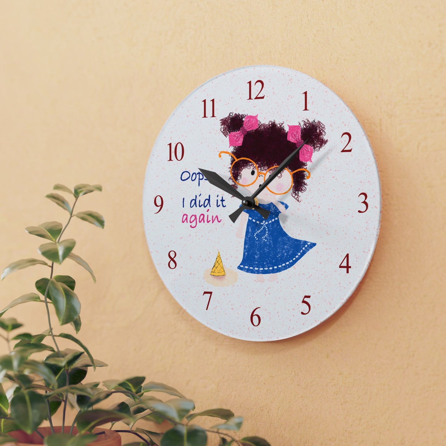 Charming humorous acrylic wall clock featuring a cartoon girl with curly hair, oversized glasses, and a blue dress, standing next to a fallen ice cream cone, with the text 'Oops, I did it again' alongside red numbers on the clock face, size 10.75”x10.75” (round ), close-up, kidlic