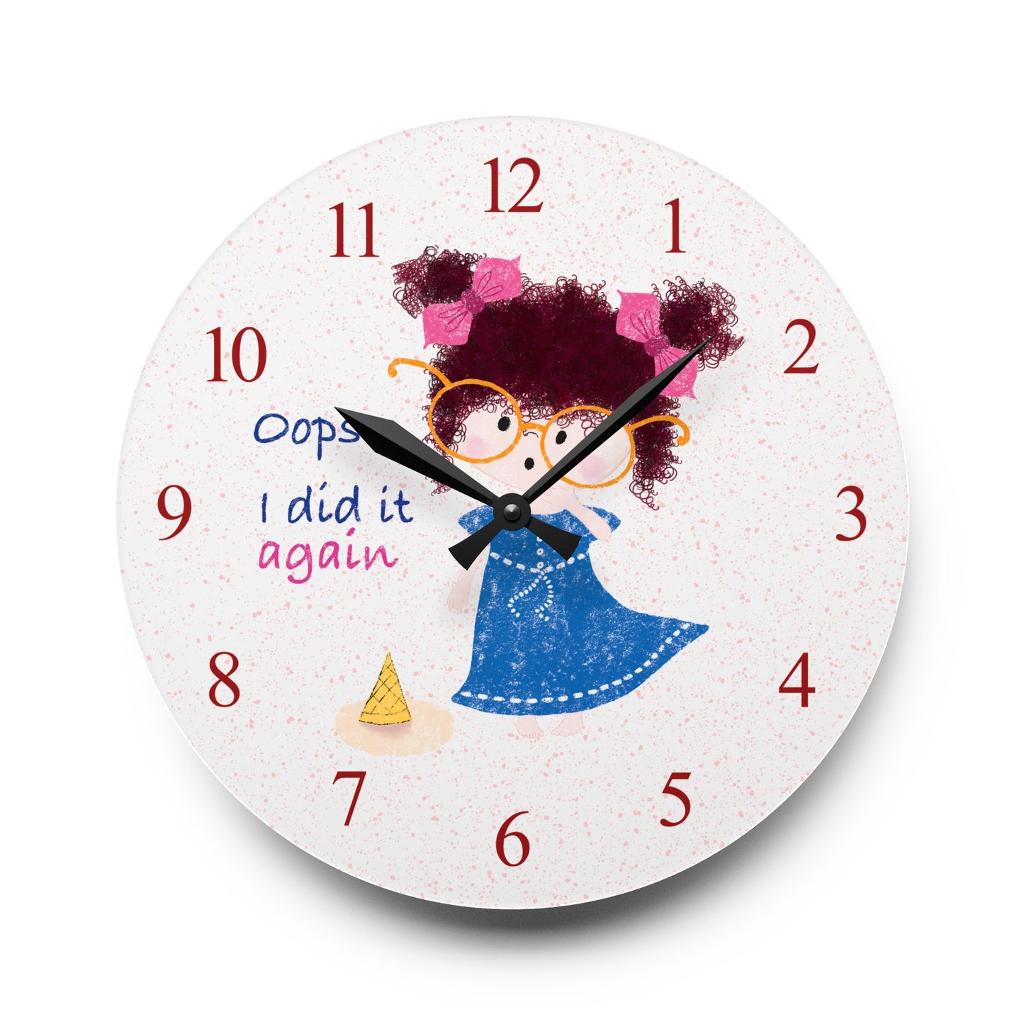 Charming humorous acrylic wall clock featuring a cartoon girl with curly hair, oversized glasses, and a blue dress, standing next to a fallen ice cream cone, with the text 'Oops, I did it again' alongside red numbers on the clock face, size 10.75”x10.75” (round), kidlic