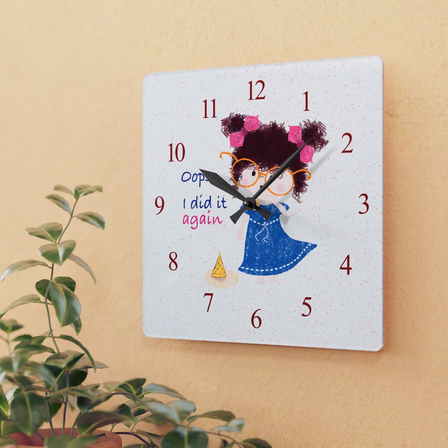 Charming humorous acrylic wall clock featuring a cartoon girl with curly hair, oversized glasses, and a blue dress, standing next to a fallen ice cream cone, with the text 'Oops, I did it again' alongside red numbers on the clock face, size 10.75”x10.75” (square), close-up, kidlic