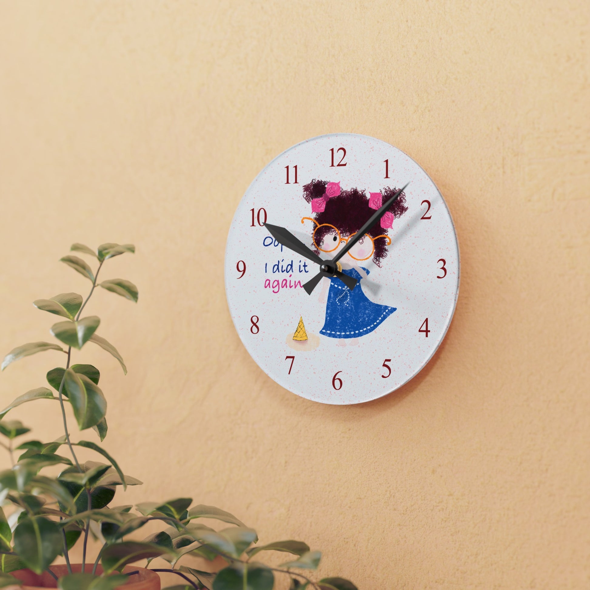 Charming humorous acrylic wall clock featuring a cartoon girl with curly hair, oversized glasses, and a blue dress, standing next to a fallen ice cream cone, with the text 'Oops, I did it again' alongside red numbers on the clock face, size 8”x8” (round ), close-up, kidlic