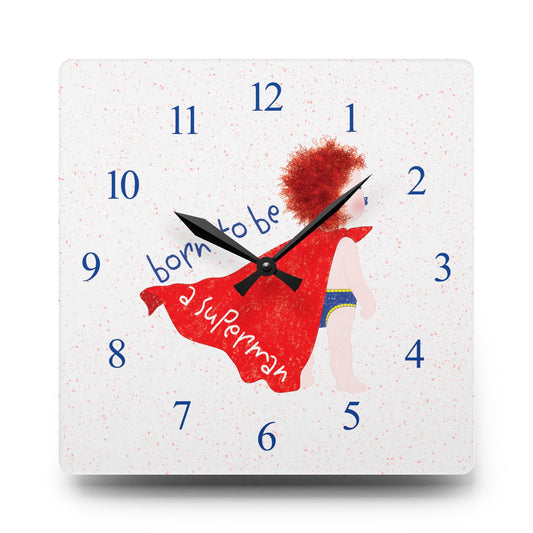 Superhero redhead baby wall clock – Born to Be a Superman funny baby shower gift from Kidlic USA, size:10x10 inch