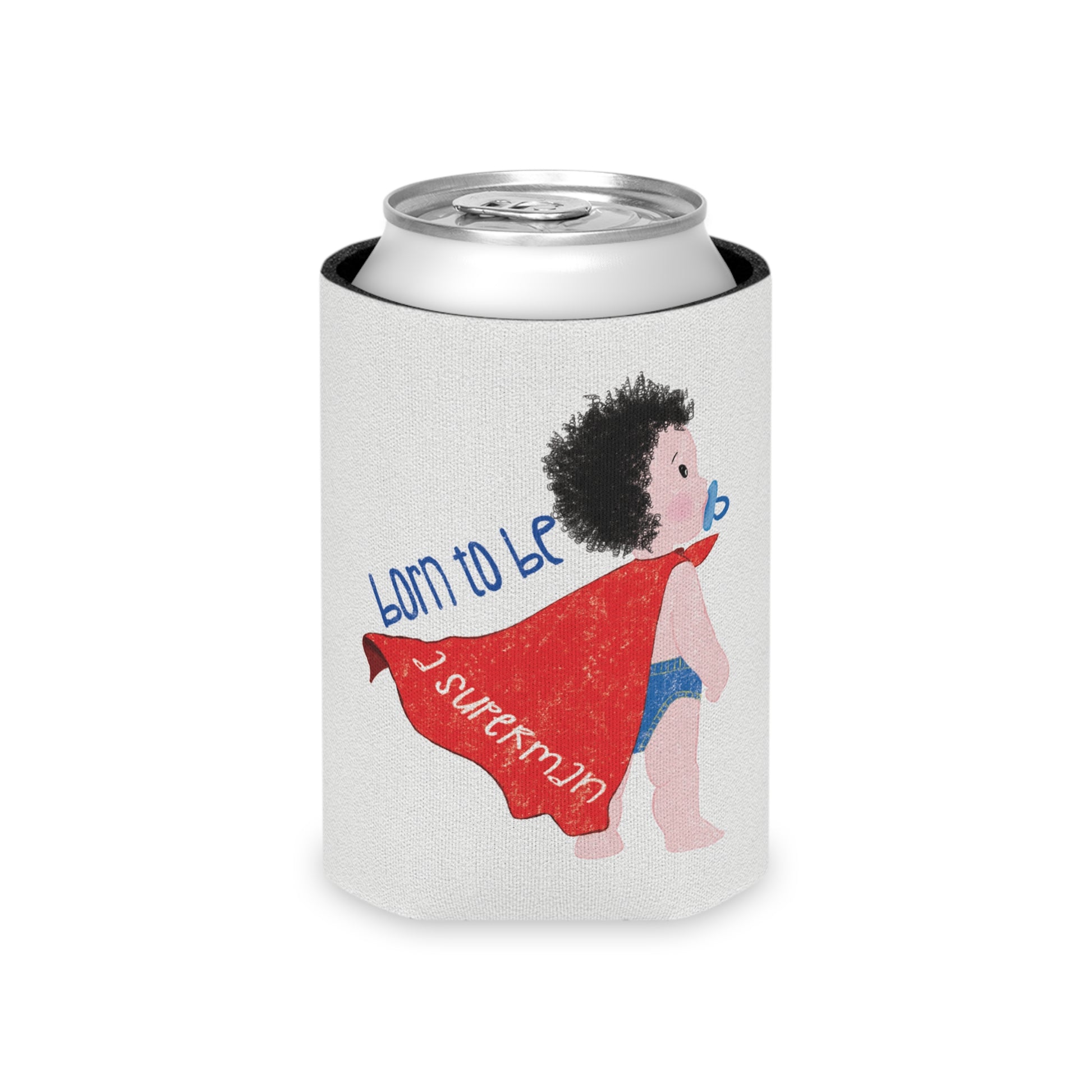 A playful can cooler sleeve with a can inside featuring a cartoon baby wearing a red cape and a pacifier, with the text "Born to be a superman.", regular size, Kidlic