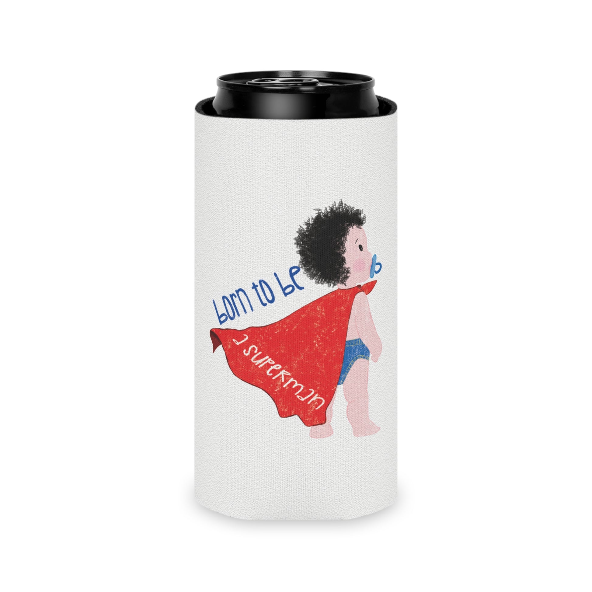 An adorable can cooler sleeve with a can inside featuring a cartoon baby wearing a red cape and a pacifier, with the text "Born to be a superman.", slim size, kidlic
