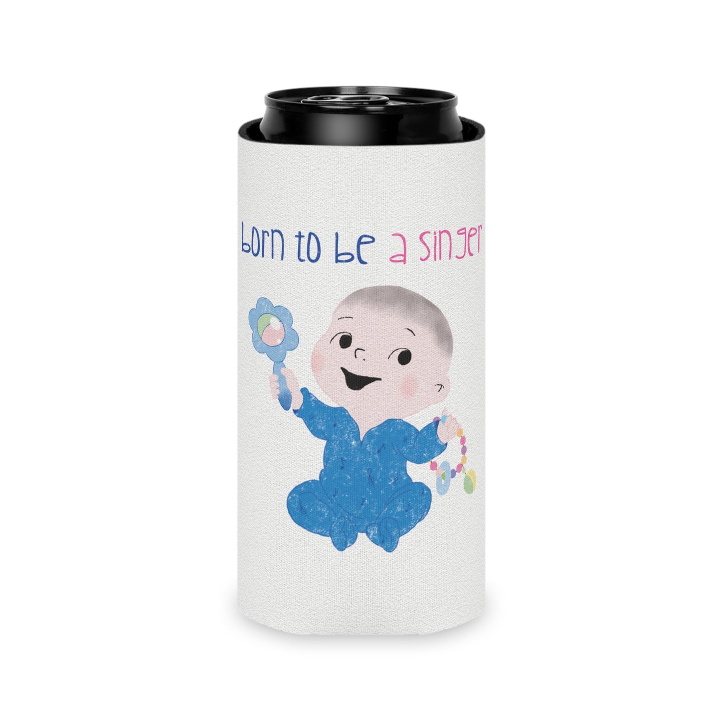 An adorable can cooler sleeve with a can inside featuring a cartoon baby wearing a red cape and a pacifier, with the text "Born to be a superman.", slim size, kidlic